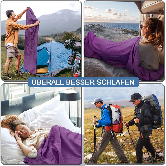 Спальний мішок туристичний 2в1 з мікрофібри, 220x95 см, для кемпінгу, хостелів та гірських притулків, зелений/фіолетовий