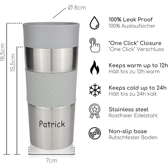 Термокружка Milu 450 мл з нержавіючої сталі, ізольована, без витоку, для кави з собою, автотермос, travel mug (з можливістю гравіювання, сірий)