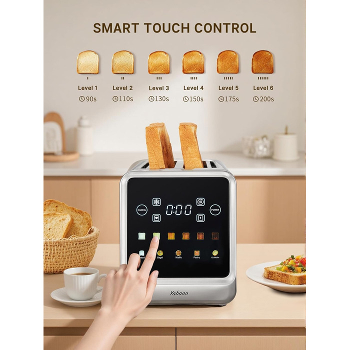 Тостер Yabano на 4 підсмажувальні позиції з сенсорним екраном та функцією пам'яті, технологією Single-Slice, таймером, функціями розморожування та підігріву, з нержавіючої сталі, 6 рівнів підсмажування, 5 програм для хліба
