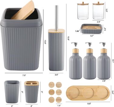 Набір аксесуарів для ванної кімнати сірого кольору, 17 предметів: сміттєвий бак, 3 диспенсерів для мила/лосьйону, тримач для зубних щіток, мильниця, стаканчик, 6 дерев'яних гачків, піднос для ванної кімнати