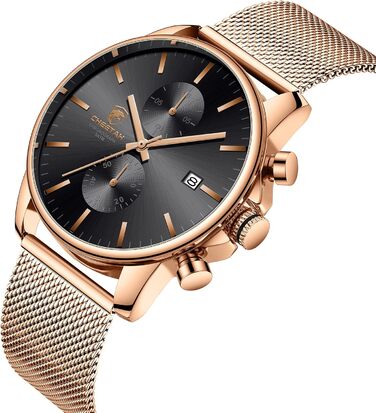 Годинник чоловічий GOLDEN HOUR: стильний, мінімалістичний кварцовий хронограф з металевим браслетом, водостійкий (рожеве золото, чорний)