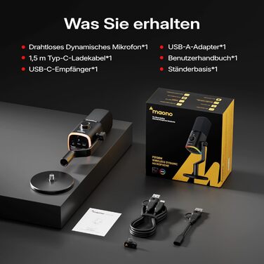 MAONO PD100W Бездротовий геймерський мікрофон 2.4GHz + USB, з шумозаглушенням ENC, для стрімінгу, запису, подкастів, ПК, PS4/5, смартфонів, чорний