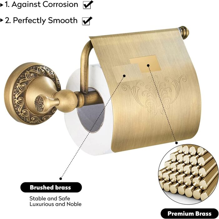 CASEWIND Toilet Paper Holder Antique, Brass Toilet Paper Holder, Retro Toilet Paper Roll Holder with Cover, Drill Wall Mount Vintage