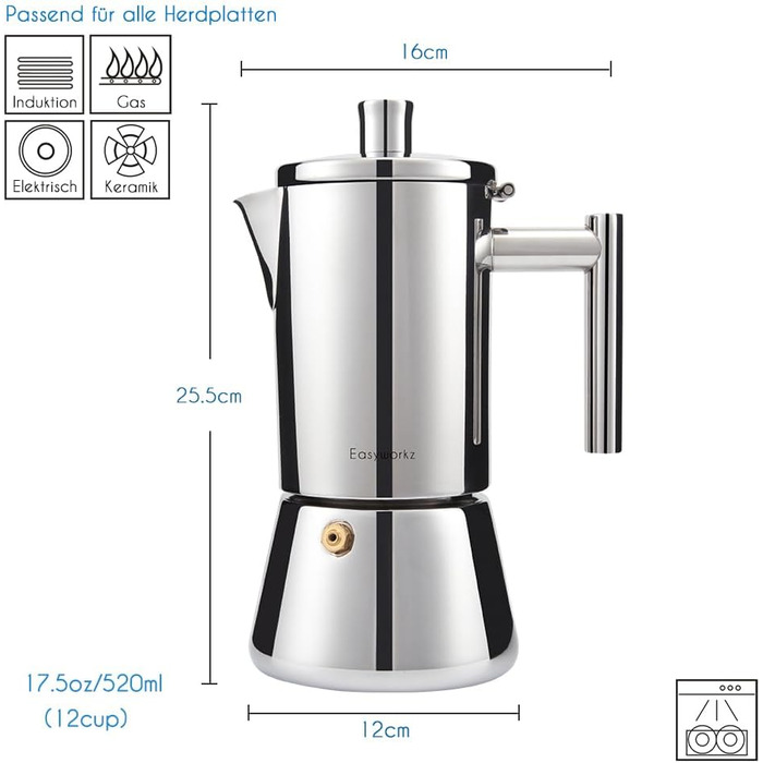Easyworkz Diego Stovetop Espresso Maker, Stainless Steel, Italian Coffee Machine, Moka Pot for 6 Cups, 300 ml Espresso Pot for Induction (520ml, Silver)