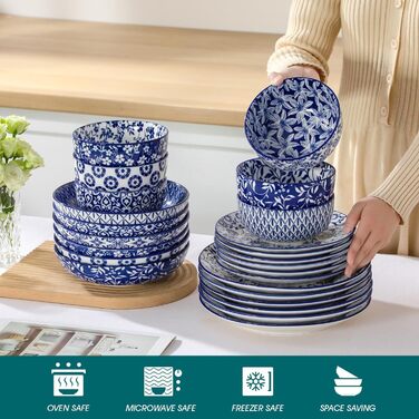 Набір посуду на 6 осіб Vancasso Selene 24 частини: тарілки, супові тарілки, салатники, миски. Керамічний сервіз з порцеляни, блакитно-білий.