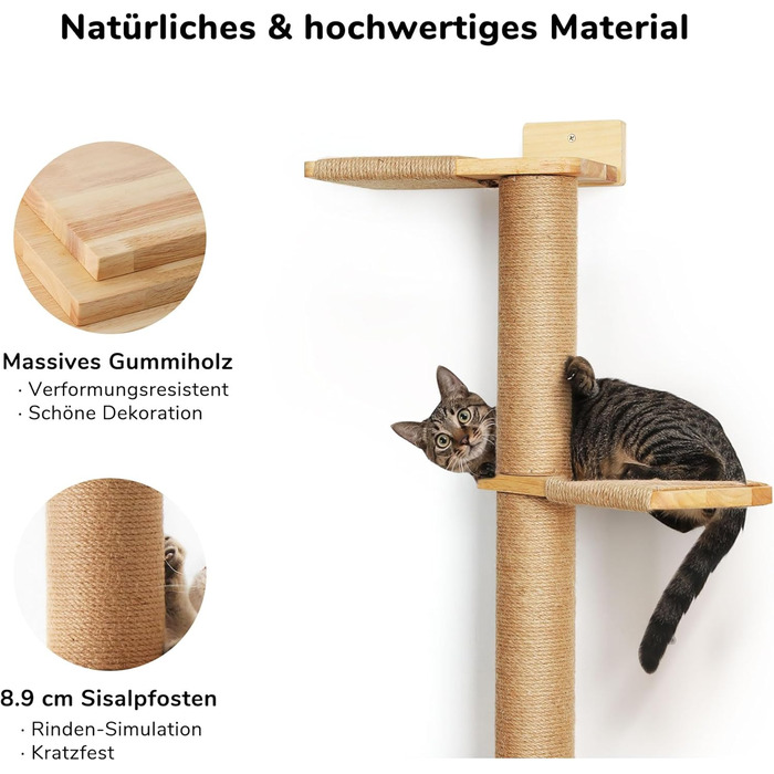 Kratzbaum, 5-story cat tree reaching the ceiling (206 cm), wall-mounted cat tree, made of natural rubber wood, for cats to climb, scratch, look out, and play.