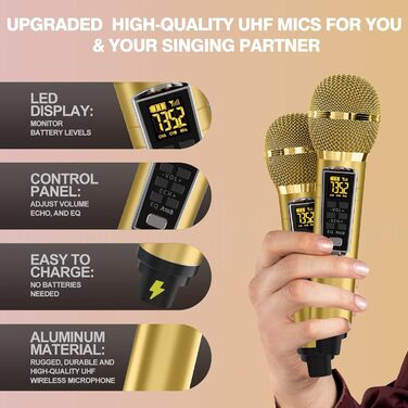 Караоке машина DLARA Upgrade з Bluetooth, USB, TF-карта, AUX, 2 UHF мікрофона та PA-системою (синій, Gold Pro)