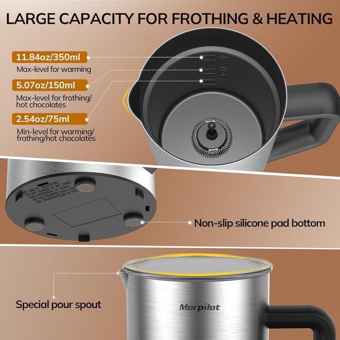 Електричний піногасник для молока Morpilot, 650W, нержавіюча сталь, 350мл, для гарячого та холодного молока, сумісний з посудомийною машиною