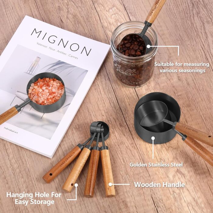 Gold Measuring Cup and Spoon Set with Fragrant Wooden Handles, Premium Stainless Steel Measuring Spoons and Cups Set, for Cooking and Baking in the Kitchen (8 Pieces)