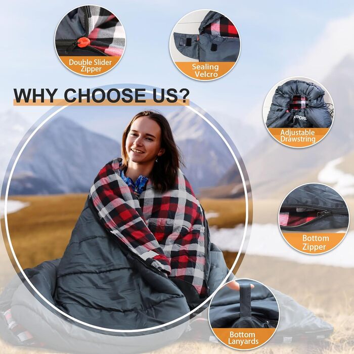 Спальний мішок Poepore Outdoor Winter для дорослих, XXL, 3-4 сезони, теплий бавовняний фліс, 230x100 см, 0°C (сірий, -6°C)