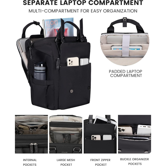 Жіночий рюкзак LOVEVOOK, великий, водонепроникний, для подорожей, з відділенням для ноутбука 15,6 дюймів, для школи, університету, бізнесу, чорний