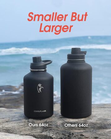 Coolflask 2L Stainless Steel Water Bottle with PU Leather Sleeve, Half Gallon Insulated Water Bottles with Straw Lid, Stainless Steel Metal Large Water Jug, Keeps Cold for 48h Hot for 24h, Polar Black