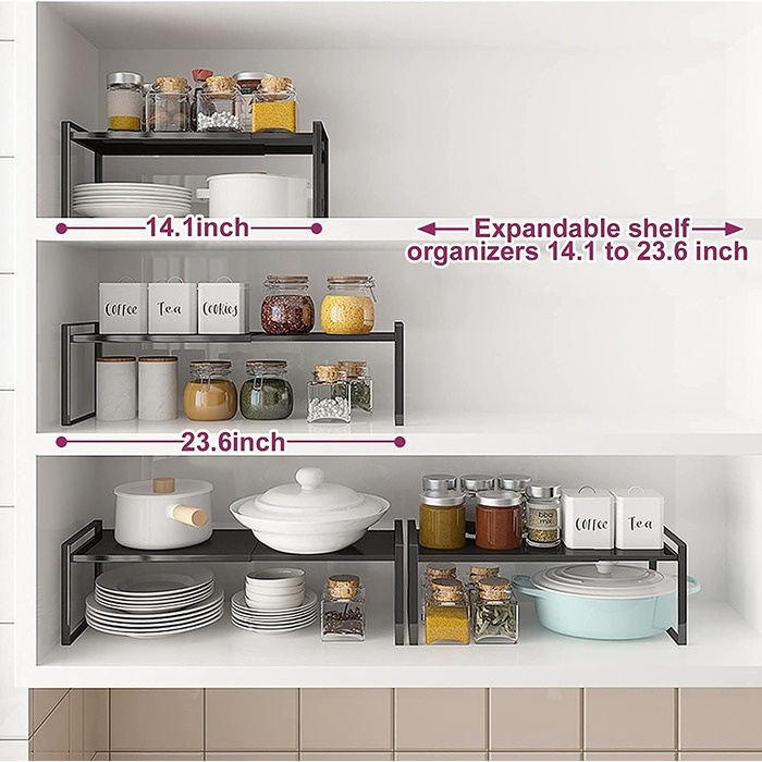 KZOBYD Expandable Kitchen Shelf, Foldable Kitchen Cabinet Shelf Spice Rack Organizer for Dishes and Supplies Stackable Kitchen Storage Organizer for Extra Storage Space (White, ) (White, L)