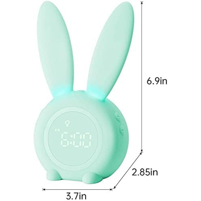 Gentle Light Alarm Clock Bunny Clock Children's Alarm Clock Rabbit Alarm Clock Wake Up Light Creative Lamp Bedside Lamp Night Light, Snooze Function, 6 Sound Options, Timed Night Light Green