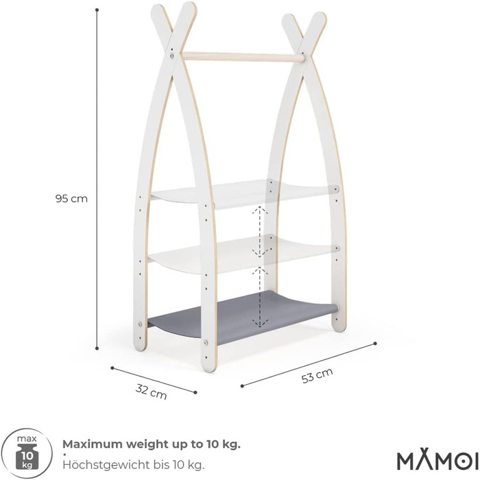 MAMOI® Clothes Rail Baby Nursery | Children's Clothes Rail 106x95x32cm / 53x95x32cm | Children's Clothes Rack Baby | Coat Stand | Baby Wardrobe | Children's Wardrobe | 100% ECO | Made in EU (1 Module - 1 Shelf, White - Grey)