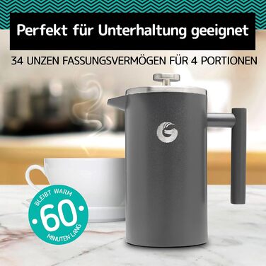 Френч-прес Coffee Gator 1 літр з термокружкою, з нержавіючої сталі, для дому, офісу, кемпінгу (Помаранчевий)