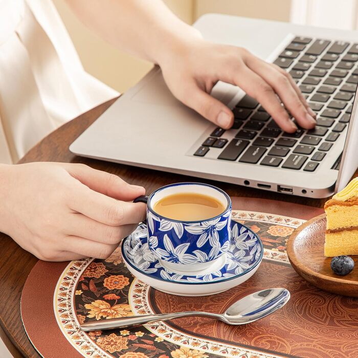 Набір чашок для еспресо Vancasso SELENE з блюдцем та підставкою, 4 шт, 90 мл, блакитно-білий, кераміка