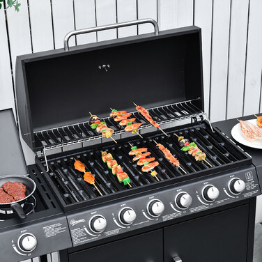 Газовий гриль Outsunny BBQ з візком, 6 конфорок, 1 бічна конфорка, шафка, багатофункціональний, метал, чорний, 135 x 50 x 100 см | Aosom