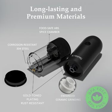 TLYSXPRO Salt and Pepper Grinder Electric 2-Piece Set, USB Rechargeable, Adjustable Coarseness Spice Grinder, Electric Pepper Grinder with LED Light, Cleaning Brush, Kitchen Appliances, Black