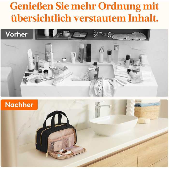 Жіноча дорожня косметичка Lifewit 5L, водовідштовхувальна косметичка з відділенням для мокрого одягу, органайзер для макіяжу, аксесуарів, шампуню та туалетних речей, чорна, M
