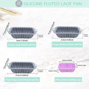 Encounter 28-Piece Silicone Baking Molds Set, Non-Stick Silicone 4/6/8 Cup Toast Pan, Silicone Mold for Bread, Meatloaf, Cake, with 24 Pack Reusable Baking Cups, Light Grey