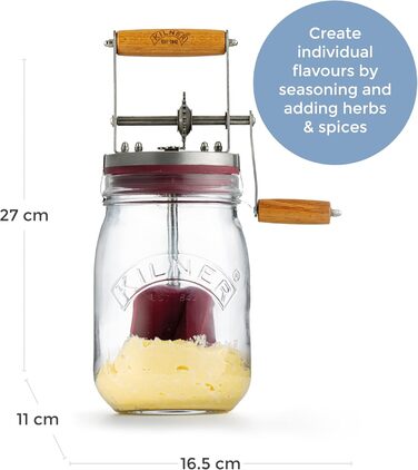 Kilner Butter Churn Glass with Hand Crank, make delicious butter yourself in just 10 minutes, with silicone stirrer, 1L, incl. instructions and recipes, also for herb butter, garlic butter, etc., 27 cm tall