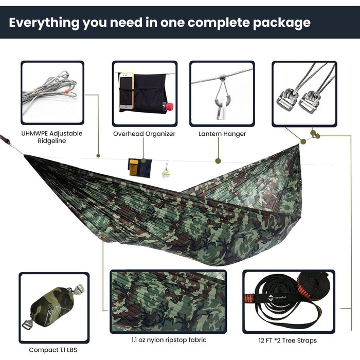 onewind Long Ultra-Light Camping Hammock for Backpackers, Portable, Compact, Ideal for Hiking, Camping, Travel (Camo, 335cm * 140cm)