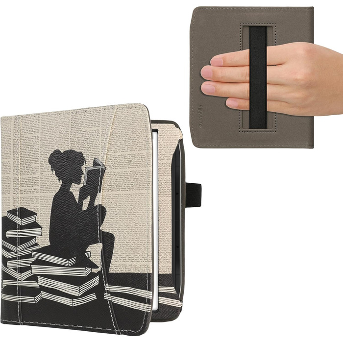 Чохол-книжка kwmobile для Pocketbook Era/Era Color з кишенею та петлею для руки - з дизайном 'Читаюча жінка' чорно-бежевий