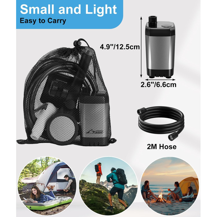 WADEO Portable Camping Shower Battery with Pump, Camping Shower with Rechargeable 6000/8000mAh Battery, Mobile Showers Outdoor Showers with Showerhead and Hose, for Camping, Travel, Garden, and Car Washing