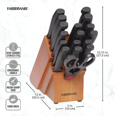 Farberware 18-Piece Stainless Steel Knife Block Set with Non-Slip Grips - Black/Natural Finish