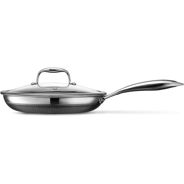 HexClad Hybrid Nonstick Skillet, 25cm with Tempered Glass Lid - Oven & Dishwasher Safe, Induction Compatible