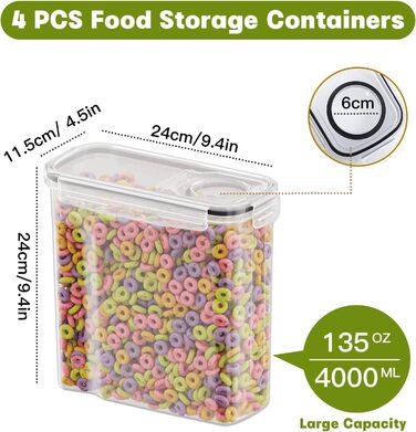 Набір контейнерів для зберігання Withosent 4L (4 шт.) з герметичними кришками, пластикові бокси для кухні, для круп, борошна, мюслі
