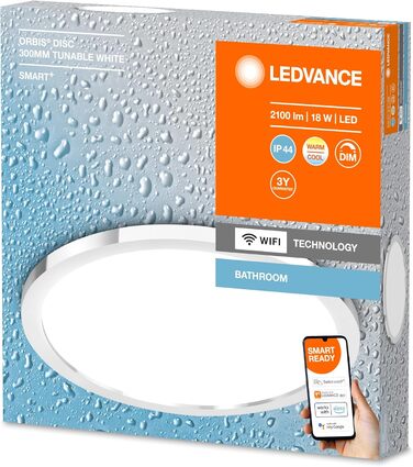 LEDVANCE Smart LED Bathroom Lamp white, 1200LM, 3000-6500K, 300mm x 70mm, IP44, Orbis Bath Bathroom Light with Wifi Technology, dimmable, controllable via app and voice assistants (Chrome, 30cm, Disc)