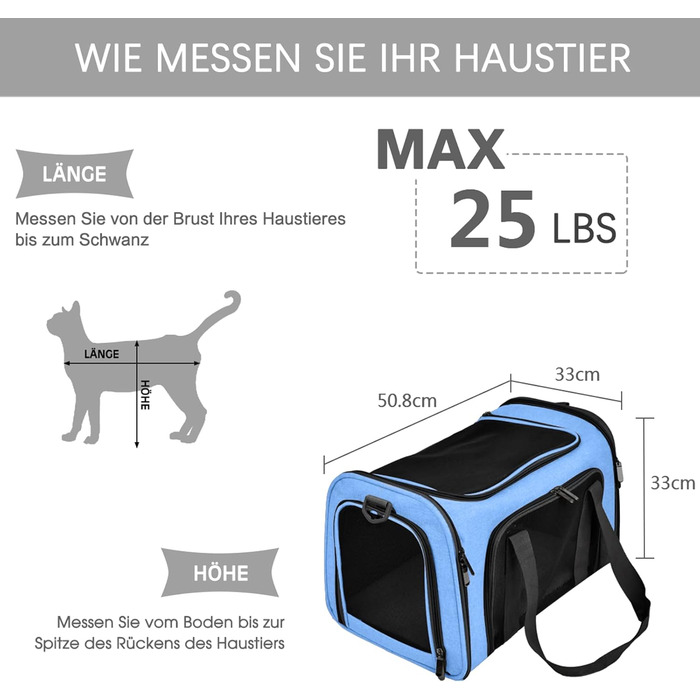 Транспортна сумка для кота та собаки, складана переноска для домашніх тварин середнього розміру (51 x 33 x 33 см, блакитна)