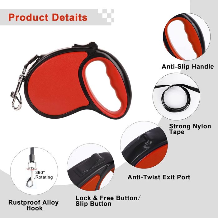 Висувна собача шлейка, 5 м, для собак маленьких та середніх порід до 25 кг, антизаплутування, міцний нейлоновий трос (рожево-білі крапки) (червоний)