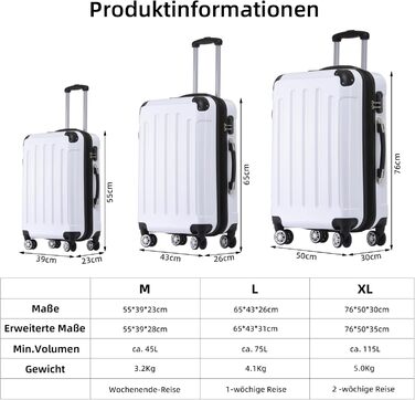 Набір валіз Beibye: 3 валізи з жорстким корпусом, роликові валізи для подорожей (білий)