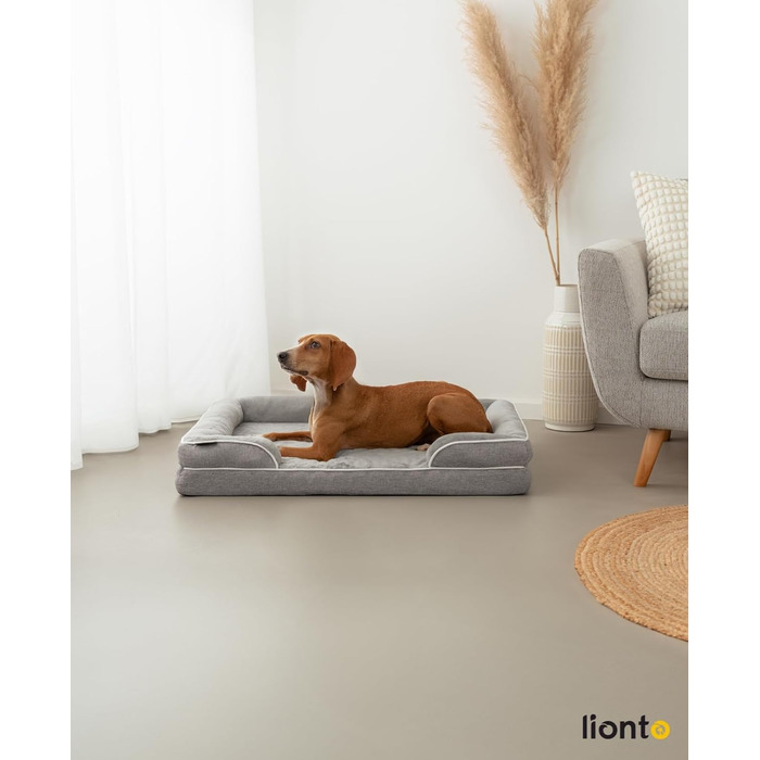 Ортопедичне ліжко для собак Lionto з піднятим бортиком, 97x71x17 см, м'який фланелевий килимок, знімний та пральний чохол, неслизьке, для собак та котів, сірий