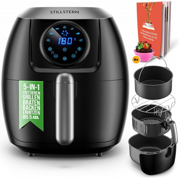 Аерофритюрниця Stillstern 5 л, LED-екран, 7 програм, 120 рецептів, 1800 Вт, без олії, чорна