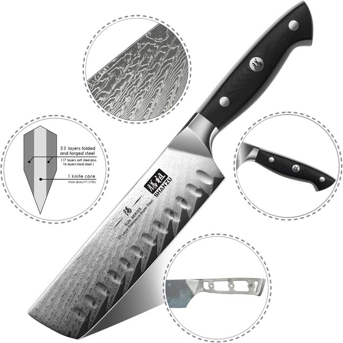 Японський ніж SHAN ZU Nakiri з дамаської сталі AUS10, 16.5 см - професійний ніж для кухні, кухарський ніж, дамаський ніж з G10 ручкою, подарункова коробка