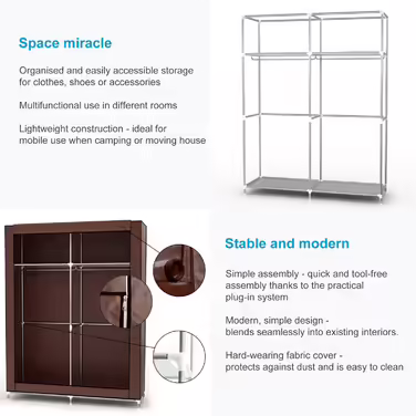 Folding Wardrobe 108x45x170 cm in GRAY - Fabric wardrobe with zipper and clothes rail, side pocket and compartments - shelf, metal frame, storage (Beaver Brown)