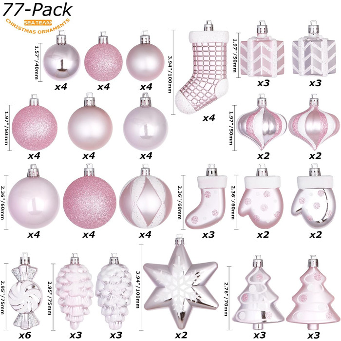 Набір прикрас для ялинки Sea Team 77 шт. - міцні кулі, рожеві ялинкові орнаменти з подарунковою упаковкою