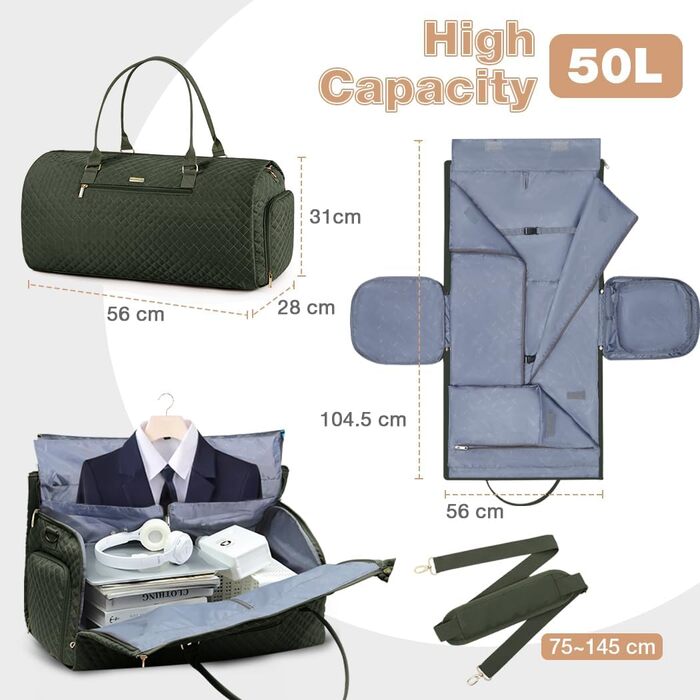 Сумка-мішок для одягу 2 в 1 для жінок, велика складана дорожня сумка Weekender з 6 органайзерами для одягу та відділенням для взуття, спортивна сумка для подорожей, ручна поклажа, чорна (3.grün, 50L)
