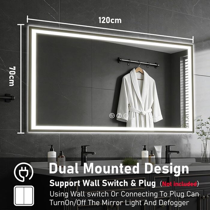 Дзеркало для ванної кімнати 50x70 см з LED-підсвічуванням, антизапарник, диммер, 3 кольори світла, Bluetooth