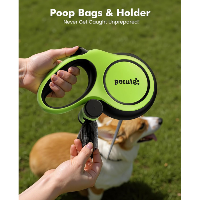 Рулетка для собак Pecute 8м, бісостійка, з набором для збору відходів, 360° без перекручування, для собак середніх та великих (15-50кг), зелена