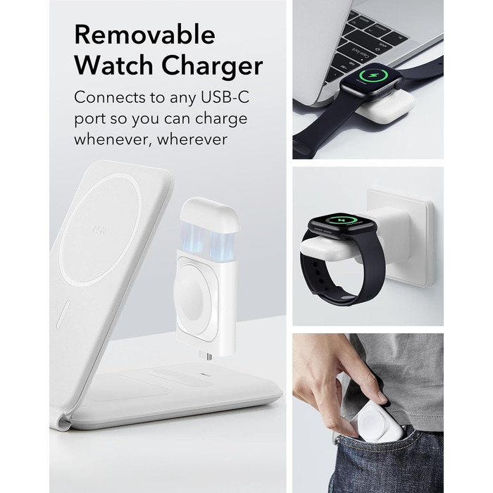 Зарядний станція ESR 3-в-1 для Apple Watch та iPhone з MagSafe, складана, сумісна з iPhone 17/16/15/14/13/12, Apple Watch 9/8/7/SE, AirPods Pro/3/2