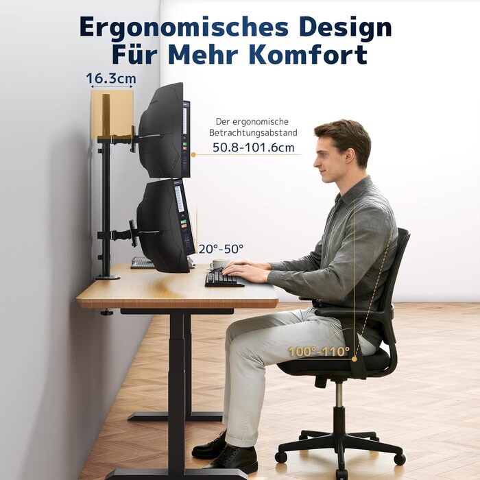 Кріплення для монітора 2 шт. один над одним, 17-49 дюймів, плоскі та вигнуті екрани, вертикальне кріплення, регулювання висоти, 20 кг на кріплення, VESA 75/100 мм, чорний