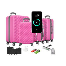 Преміум набір валіз 4 шт. – жорсткі валізи з TSA-замком, USB-порт – плюс ваги для валіз, ремені, адресники, тримач для напоїв, чохол для взуття, захисні чохли, рожевий