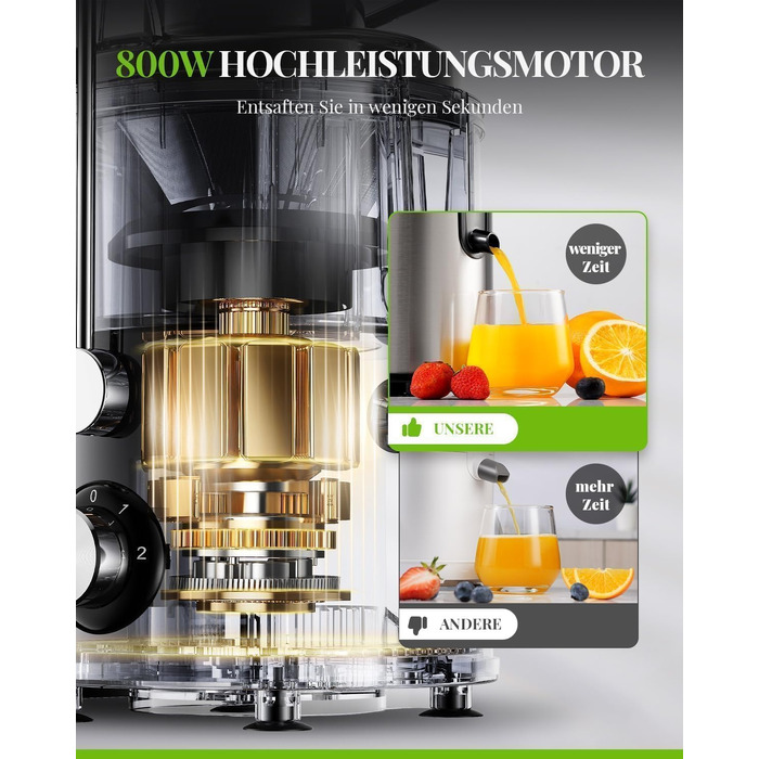 Центрифужна соковижималка GDOR 800W з широким горлом 76мм, сталева соковижималка для овочів та фруктів, 3 швидкості, BPA-free