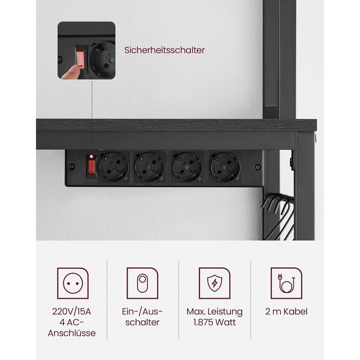 Стелаж кухонний VASAGLE з розетками, для мікрохвильової печі, з решіткою, 14 гачків, 40 x 80 x 170 см, антрацит-чорний