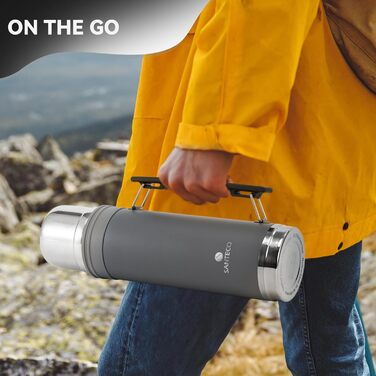 SANTECO 1L Stainless Steel Thermos Flask with Cup - Insulated Leakproof Travel Thermos for Hot & Cold Coffee & Tea - BPA Free